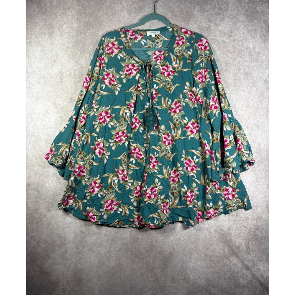 Umgee Tunic Top Womens XL Green Floral Bell Sleeve Tassel Boho Peasant Top Flowy